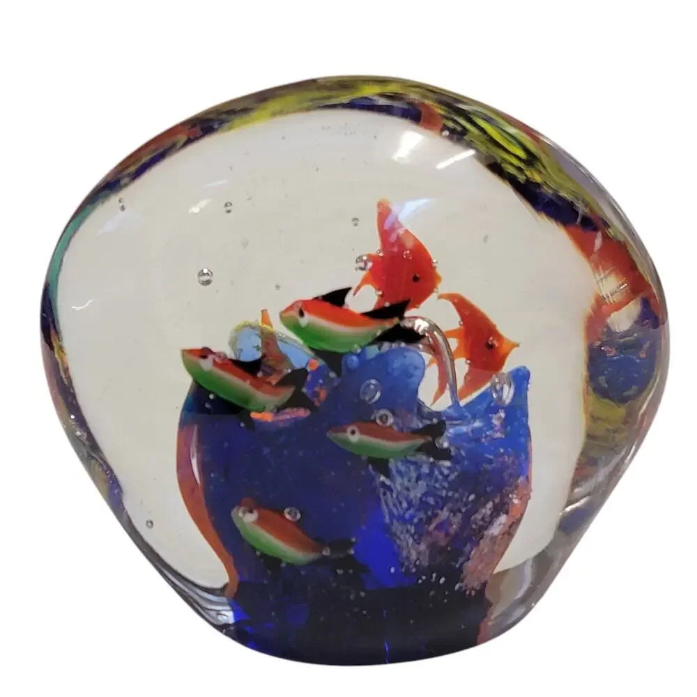 Fish Paperweight Art Glass 3x4.5 2.25 lb Orange Green Red Blue Coral Collectible